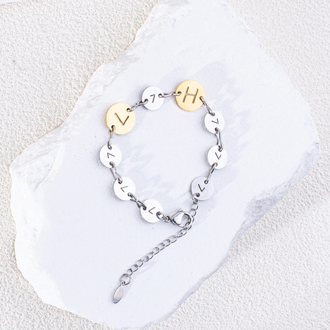 Stainless Steel Chain Bracelet With Letter And Digit Engraved Round Coin Pendants Two-Tone Jewelry For Men Women