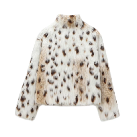 Manteau En Fausse Fourrure Pour Femmes Imprimé Léopard Mode Manches Longues Col Montant Veste Courte Hiver