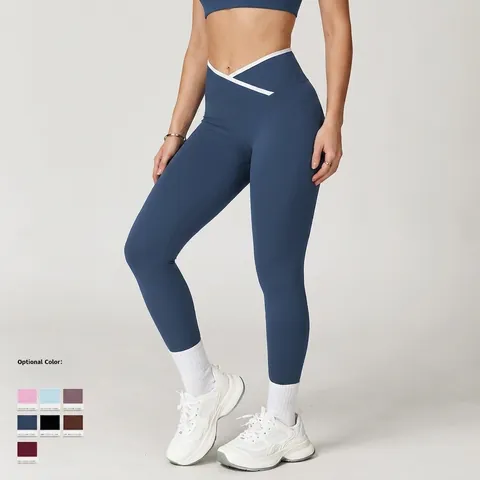 Pantalon De Yoga Taille Haute Leggings Crossover Bordure Contrastée Nylon Spandex Sensation Nue Fitness Gym Pour Femmes