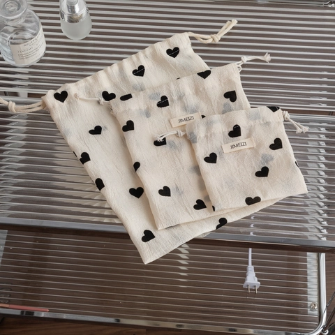 Bolsa De Almacenamiento Con Cordón Estampado Corazón Crema Tela Texturizada Neceser Portátil Organizador De Viaje