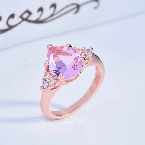 Rose Gold Plated Teardrop Pear Cut Pink Rhinestone Ring For Women Elegant Copper Engagement Wedding Solitaire Finger Ring Jewelry