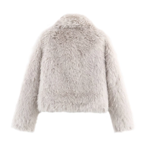 Women Faux Fur Jacket Winter Short Coat Zipper Lapel Long Sleeve Solid Color Casual Fluffy Outerwear