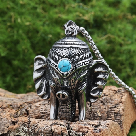 Collana Con Pendente Testa Di Elefante Retrò Acciaio Inossidabile Con Turchese Blu Gioielli Etnici Tribali Per Uomo Donna