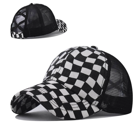 Casquette De Baseball À Queue De Cheval À Damiers Pour Femmes Dos En Filet Croisé Chapeau Trucker Coton Visière Réglable