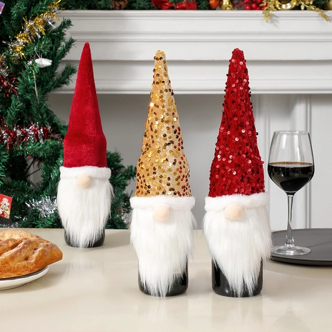 Housse De Bouteille De Vin De Noël Gnome Paillettes Velours Tissu Rudolph Pour Décoration De Table De Dîner De Fête