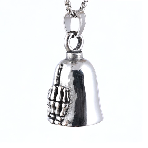 316L Stainless Steel Skeleton Middle Finger Guardian Bell Pendant For Motorcycle Biker Punk Rock Bone Hand Bell Necklace Gift For Men