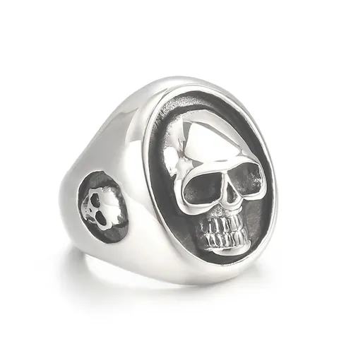 Anillo De Calavera Para Hombre Acero Inoxidable 316L Punk Gótico Biker Cabeza De Esqueleto Grabado Joyería