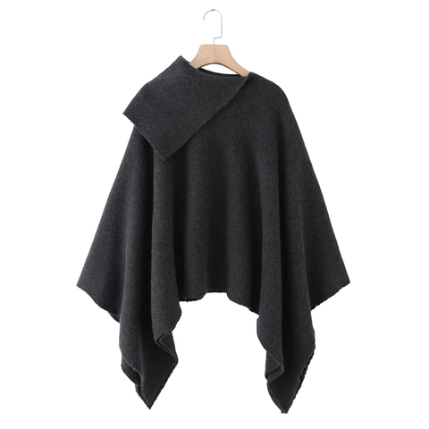 Women Asymmetric Collar Knit Poncho Cape Sleeveless Casual Shawl Outerwear Solid Color Elegant Minimalist