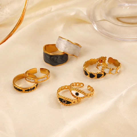Anello Aperto Regolabile In Acciaio Inossidabile Placcato Oro Per Donna Cuore Malocchio Marmo Smalto Moda Chic