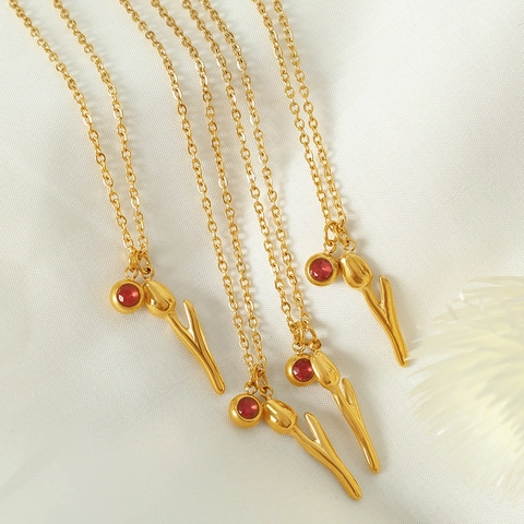 Tulpenbloem Hanger Ketting Verguld Roestvrij Staal Met Rode Strass Voor Dames Franse Stijl Sieraden
