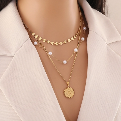 Multi Layer Stainless Steel Necklace For Women With Faux Artificial Pearl Letter A Coin Pendant Gold Plated Elegant Jewelry