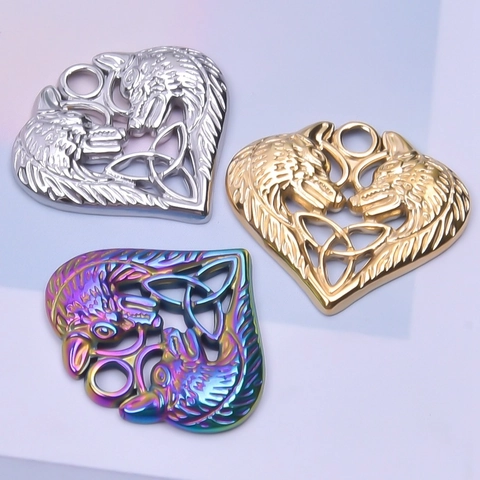 Vintage Stainless Steel Heart Wolf Head Pendant Necklace Celtic Knot Hollow Design Gothic Viking Jewelry For Women Men