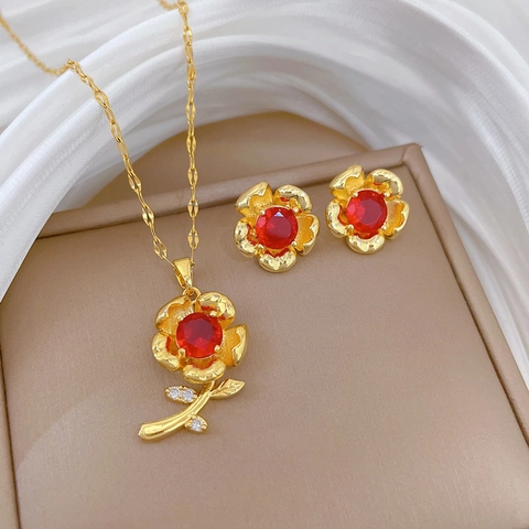 Rose Flower Necklace And Earrings Stainless Steel Copper Red Rhinestone Floral Elegant Jewelry For Women