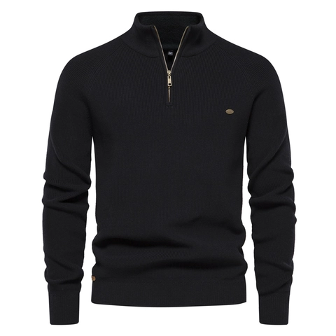 Maglione da Uomo a Costine con Mezza Cerniera Slim Fit Collo Alto Misto Cotone Pullover Urbano Casual Tinta Unita Manica Lunga