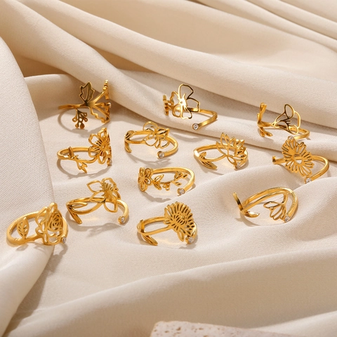 Anillo Ajustable Flor Hueca De Acero Inoxidable Con Circonita Flor De Nacimiento Joyería Color Oro Para Mujeres