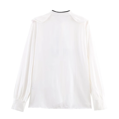 Dames Blouse Met Lange Mouwen Polyester Contrast Strik Ruches Kraag Knoppen Elegant Casual Zoet Wit Shirt