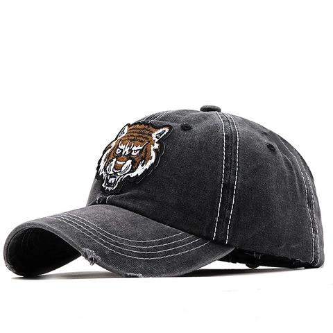 Tiger Head Embroidery Baseball Cap Washed Cotton Distressed Retro Street Style Unisex Adjustable Sun Hat