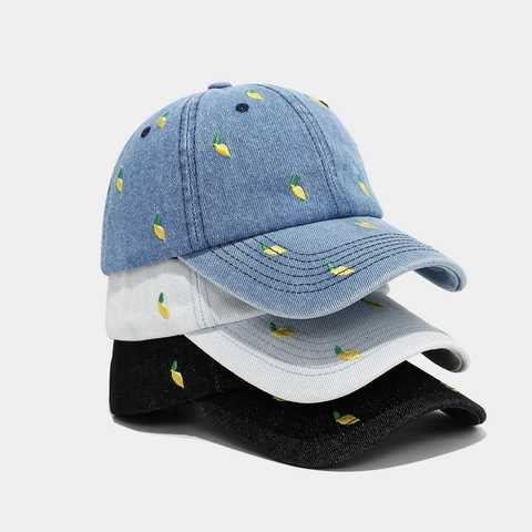 Lemon Embroidery Denim Baseball Cap Washed Cotton Adjustable Vintage Sun Hat For Women Men Outdoor Casual Sports