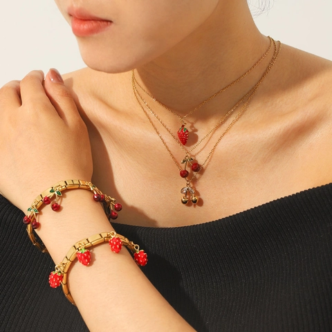 Fruit Pendant Necklace And Bracelet Stainless Steel 18K Gold Plated Enamel Strawberry Cherry Jewelry For Women Cute