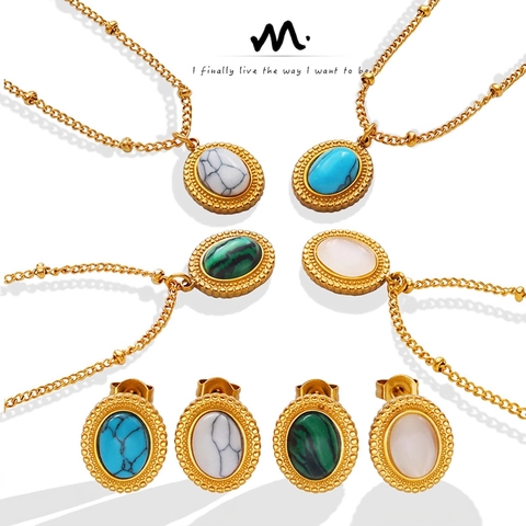 Collar Y Pendientes Bohemios Franceses Vintage Para Mujer Acero Inoxidable De Titanio Piedra Natural Turquesa Ovalada