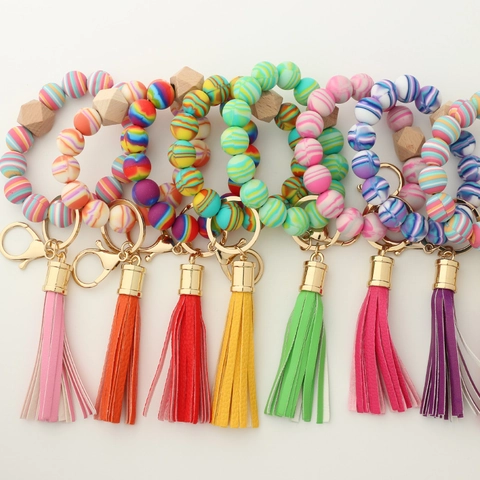 Silicone Wood Bead Tassel Keychain Bracelet For Women Colorful Striped Marble Pattern Bead Wristlet Zinc Alloy Lobster Clasp Keyring Accessory