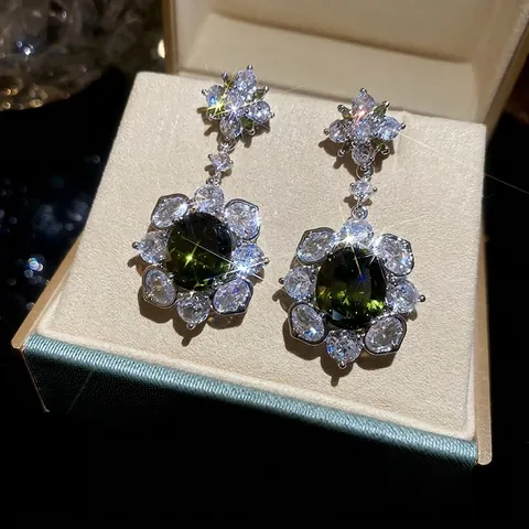 Orecchini Pendenti A Fiore In Zircone Ovale Verde Smeraldo Stile Palazzo Vintage Con Perno In Argento 925