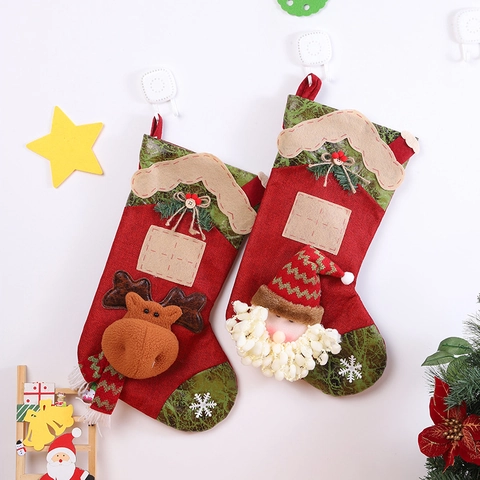 Large Christmas Stocking Burlap Candy Gift Bag 3D Santa Snowman Reindeer Hanging Decoration Festive Holiday Rustic Style