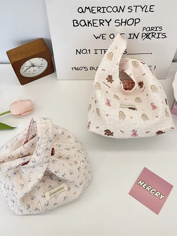 Cute Cartoon Animal Printed Seersucker Handbag Quilted Polyester Lunch Box Bag Wrist Organizer Bag For Women