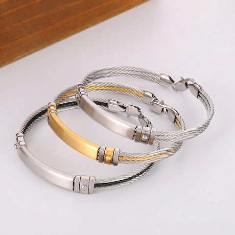 Herren Edelstahl Kabelarmband Geflochten Mit Polierter Metallplatte Industrieller Minimalistischer Mode Schmuck