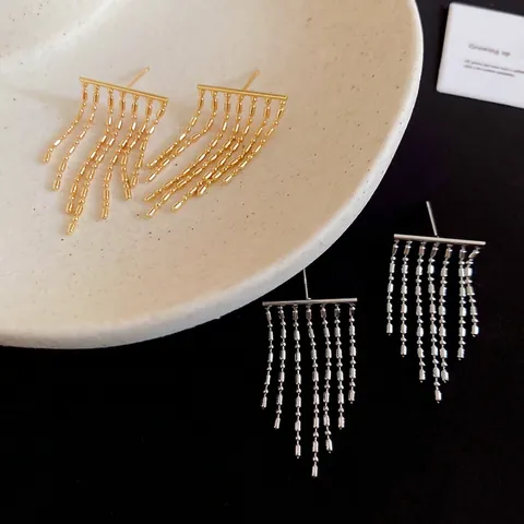 Geometric Tassel Stud Earrings With Silver Earring Post Elegant Copper Bead Chain Dangle Jewelry For Women Party Gift
