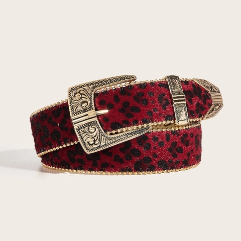 Cintura da Donna Vintage Leopardata in Pelle PU Fibbia Incisa Dorata Bordo con Perline Stile Western Cinturino in Vita