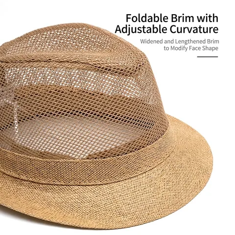 Cappello Fedora Uomo Corona In Maglia Traspirante Paglia Protezione Solare Estate All'aperto Jazz Trilby