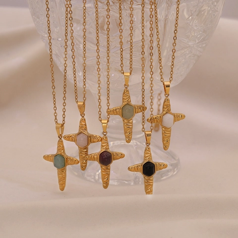 Collar Con Colgante De Cruz De Piedra Natural Y Acero Inoxidable Textura Martillada Bañado En Oro Joyería Para Mujer