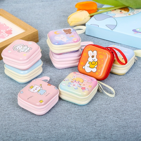 Mini Square Tinplate Coin Purse Cartoon Astronaut Bear Pattern Portable Zip Earphone Storage Bag For Kids