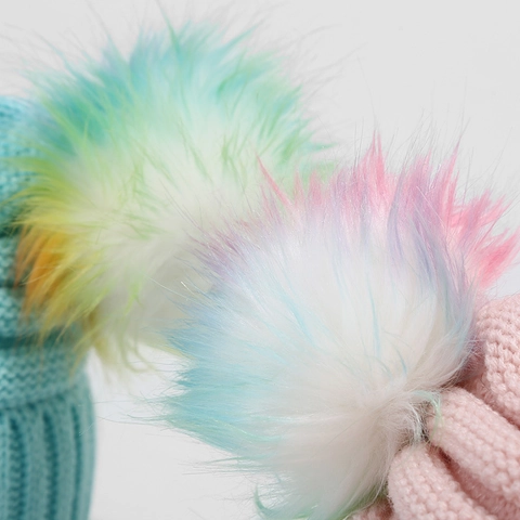 Children Winter Warm Knitted Beanie Hat With Colorful Dual Fur Balls Solid Color Acrylic Crochet Cap For Boys Girls