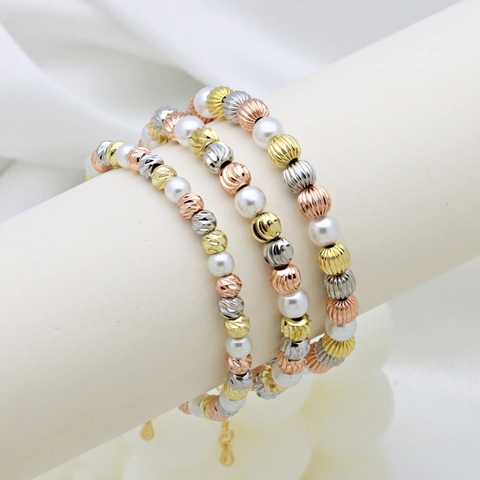 Fashion Tricolor Mixed Round Bead And Artificial Pearl Copper Bracelet For Women Personalized Versatile Jewelry With Adjustable Lobster Clasp Extension