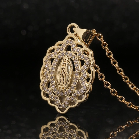 Virgin Mary Pendant Necklace Titanium Steel Gold Plated Sparkling Rhinestone Religious Hollow Out Lace Jewelry For Women