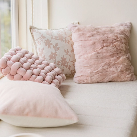 Dekorativer Kissenbezug Weich Kunstpelz Chenille Blumen Jacquard Kissenhülle Für Sofa Wohnzimmer Nordisch Rosa Home Deko