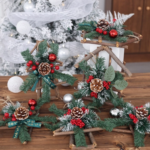 Christmas Hanging Ornaments Rustic Twig Wood Star House Tree Shape Pine Needles Red Berries Festive Home Wall Decor