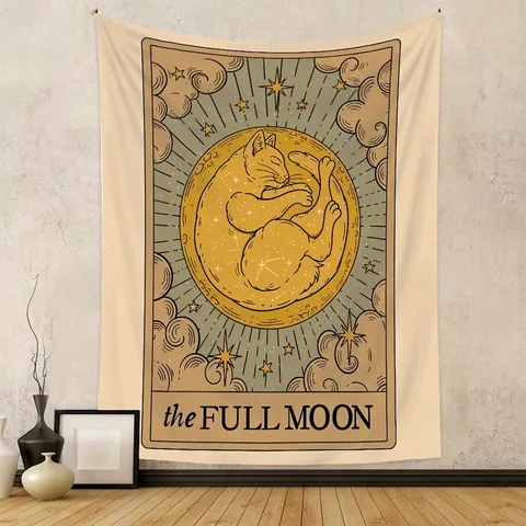 Katze Tarot Wandteppich Wandbehang Vintage Mystisch Mond Sonne Astrologie Ästhetik Polyester Stoff Zimmer Deko