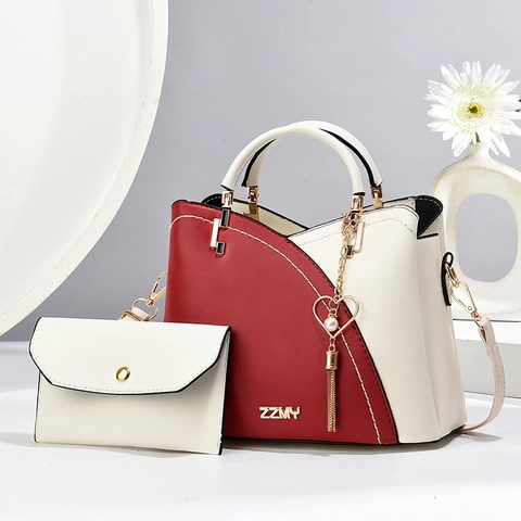 Borsa Composta Da Donna Pelle PU Blocchi Di Colore Borsa A Tracolla Con Ciondolo A Cuore Perla Artificial Nappa Borse Retro Eleganti