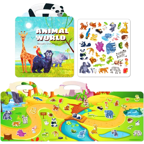 Reusable Jelly Sticker Book Animal World Educational Quiet Book For Toddlers Kids Zoo Theme Folding Board Portable Travel Toy