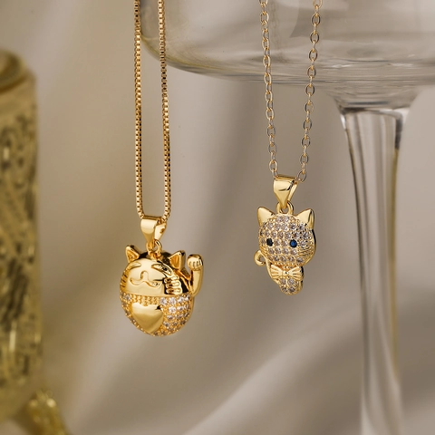 Collana Con Ciondolo Gatto Della Fortuna Rame Placcato Oro Zirconia Cubica Incastonata Animale Carino Maneki Neko Catena Clavicola Donna