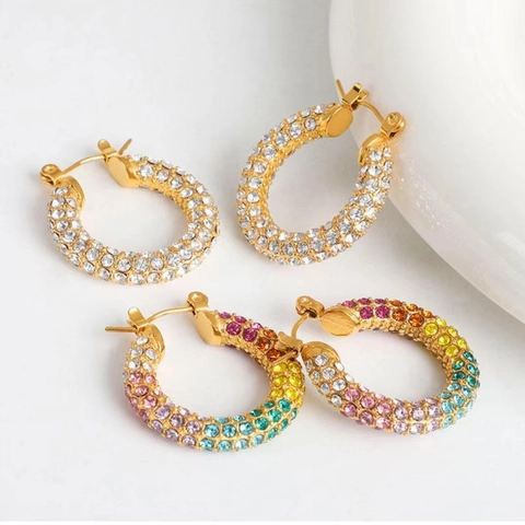 Boucles d'Oreilles Créoles en Acier Inoxydable Plaque Or 18K en Forme de U avec Strass Colores et Blancs Bijoux Femme