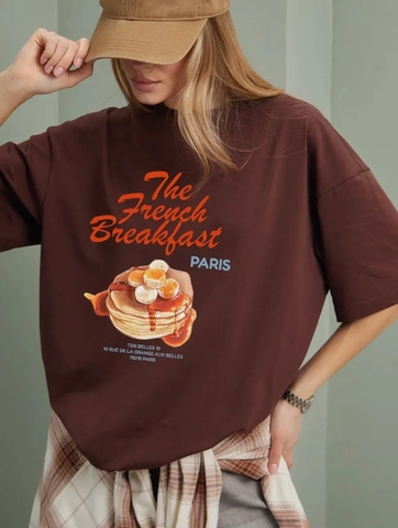 Women T-Shirt Pure Cotton Short Sleeve Round Neck Oversized Casual French Breakfast Graphic Loose Print Vintage Top