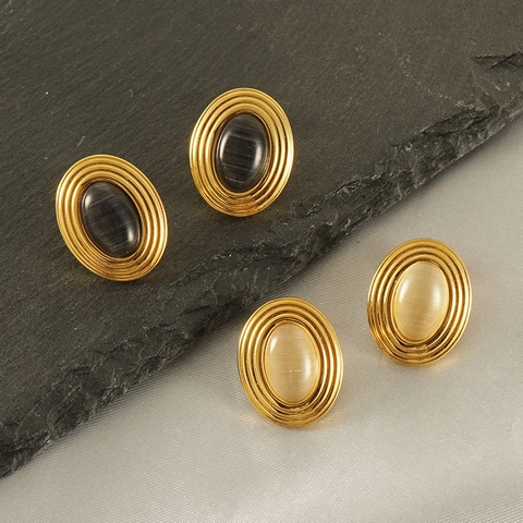 Vintage Oval Natural Stone Stud Earrings Stainless Steel Gold Plated Geometric Textured French Style For Women