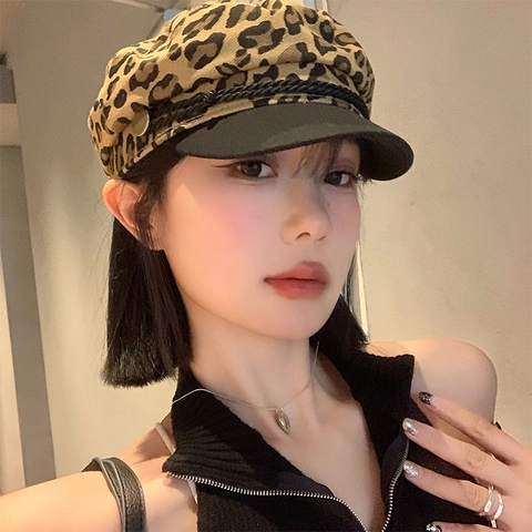 Leopard Muster Schirmmütze Für Damen Retro Octagon Baker Boy Hut Mit Schwarzer Krempe Geflochtenem Seil Metallknopf Deko Chic Y2K Style