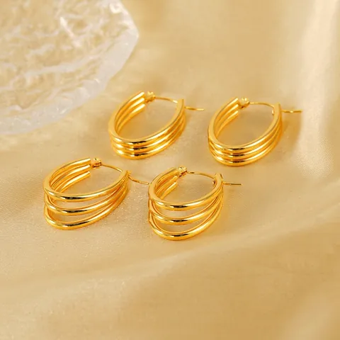 Triple Row Layered Hoop Earrings 18k Gold Plated Stainless Steel Geometric INS Style Trendy Statement Jewelry For Women