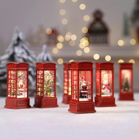 Christmas Retro Telephone Booth Lantern Ornament Santa Snowman LED Water Glitter Lamp Holiday Home Desktop Decorative Light