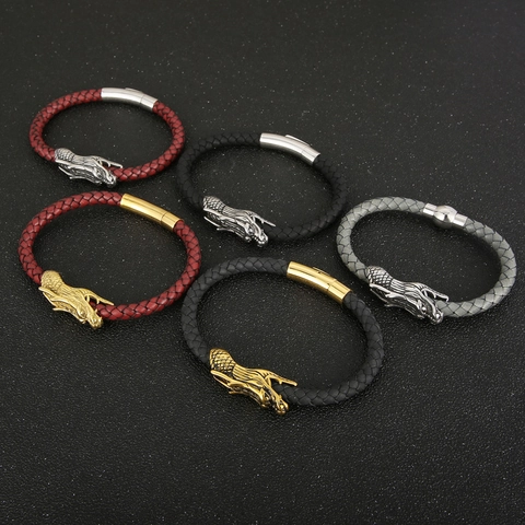 Bracciale In Pelle Intrecciata Testa Di Drago Per Uomo Acciaio Inossidabile Chiusura Magnetica Gioielli Stile Cinese